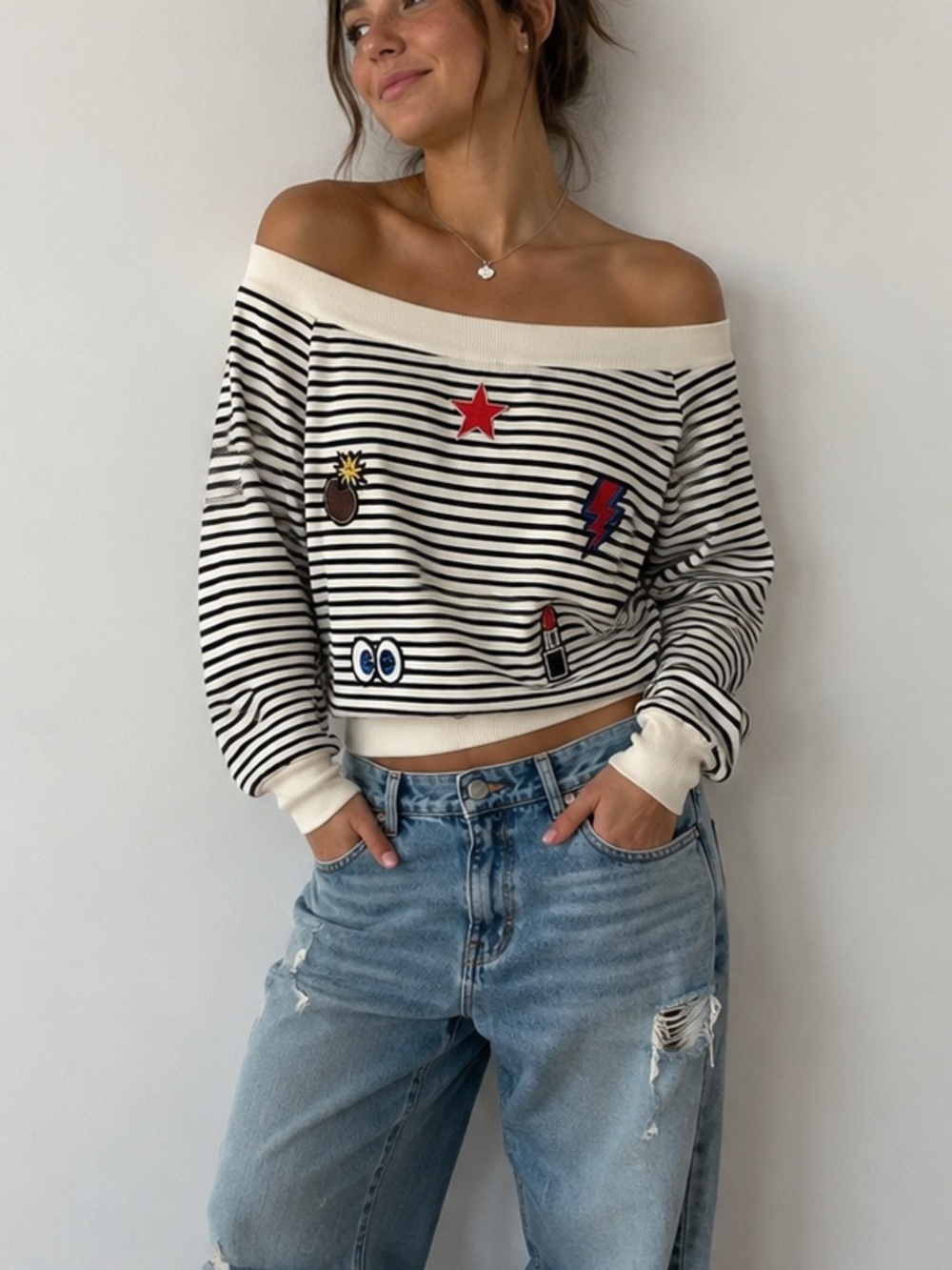 Timing Off Shoulder Striped Sweatshirt Pop Art Novelty Patches L